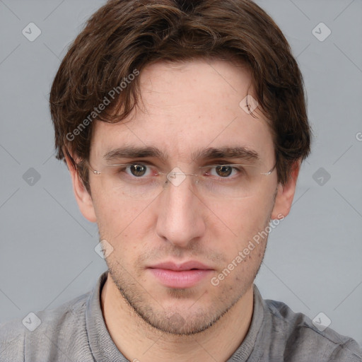 Neutral white young-adult male with short  brown hair and grey eyes