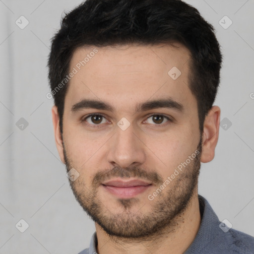 Neutral white young-adult male with short  black hair and brown eyes