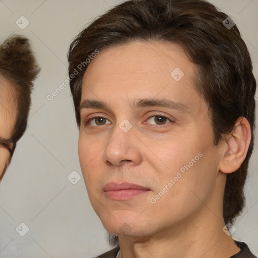 Neutral white adult female with medium  brown hair and brown eyes