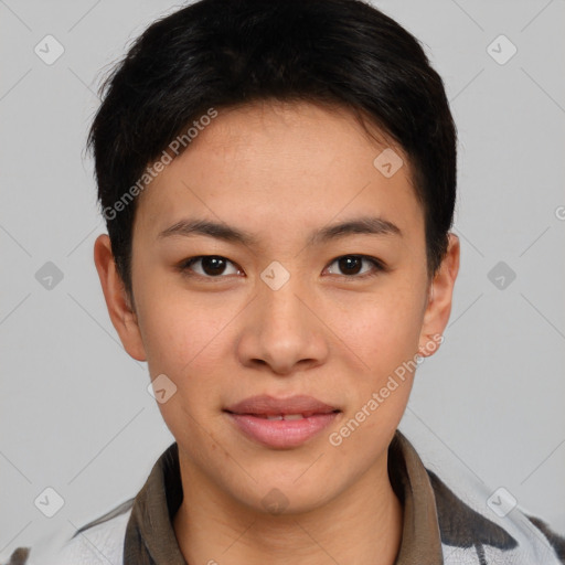 Joyful asian young-adult female with short  brown hair and brown eyes