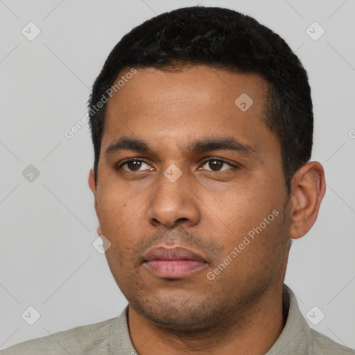 Neutral latino young-adult male with short  black hair and brown eyes