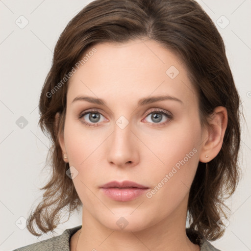 Neutral white young-adult female with medium  brown hair and grey eyes