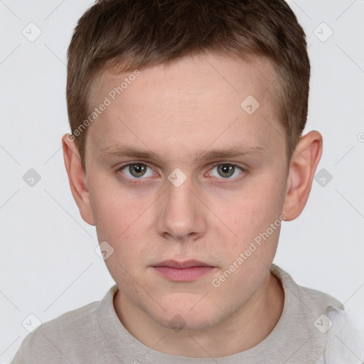 Neutral white young-adult male with short  brown hair and grey eyes