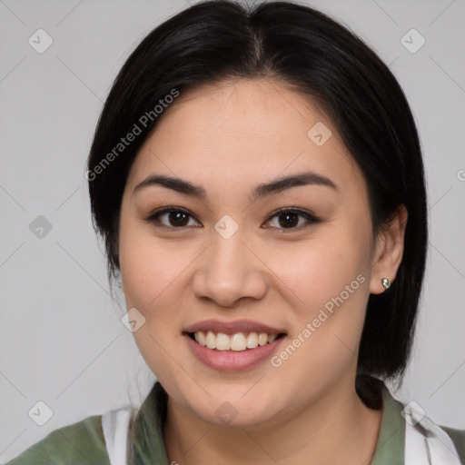 Joyful white young-adult female with medium  brown hair and brown eyes