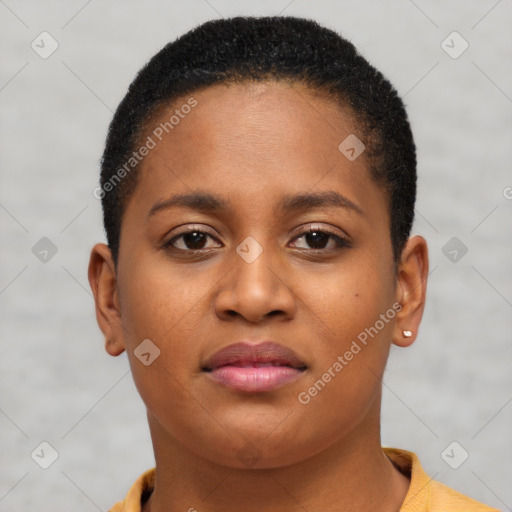 Neutral black young-adult female with short  brown hair and brown eyes