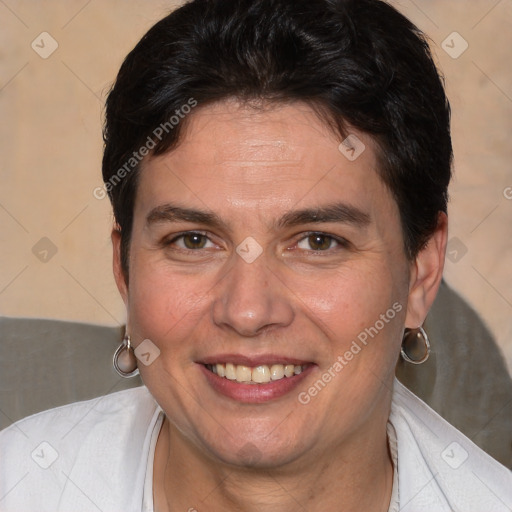 Joyful white adult female with short  brown hair and brown eyes