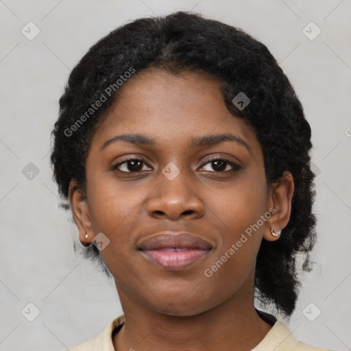 Neutral black young-adult female with short  black hair and brown eyes