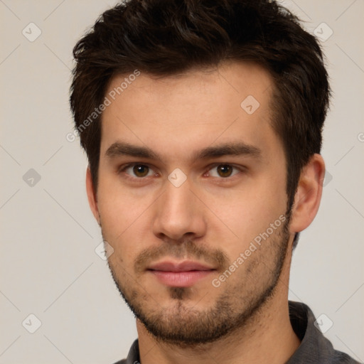 Neutral white young-adult male with short  brown hair and brown eyes