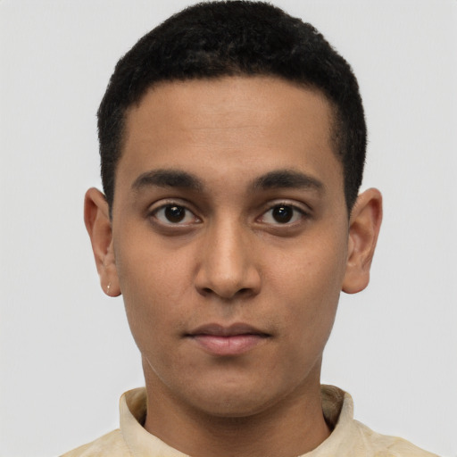 Neutral white young-adult male with short  black hair and brown eyes