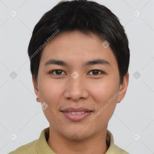 Joyful asian young-adult male with short  brown hair and brown eyes