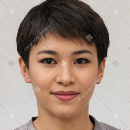 Joyful asian young-adult female with short  brown hair and brown eyes