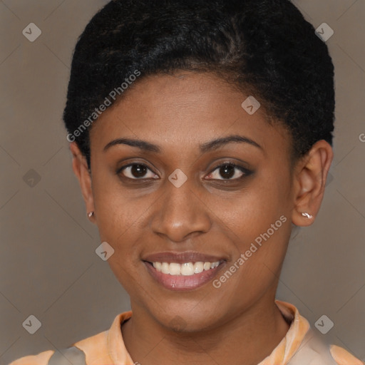 Joyful latino young-adult female with short  brown hair and brown eyes