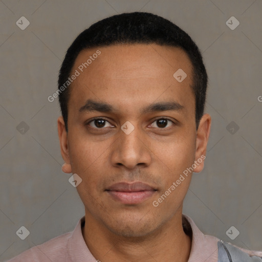 Neutral latino young-adult male with short  black hair and brown eyes