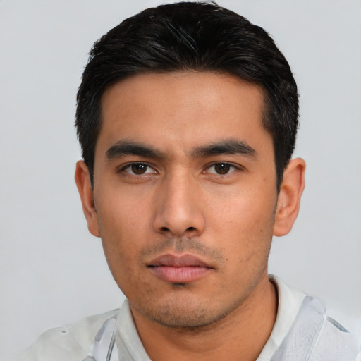 Neutral asian young-adult male with short  black hair and brown eyes