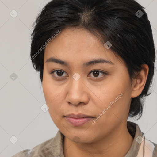 Neutral asian young-adult female with medium  brown hair and brown eyes