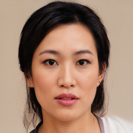 Neutral asian young-adult female with medium  black hair and brown eyes
