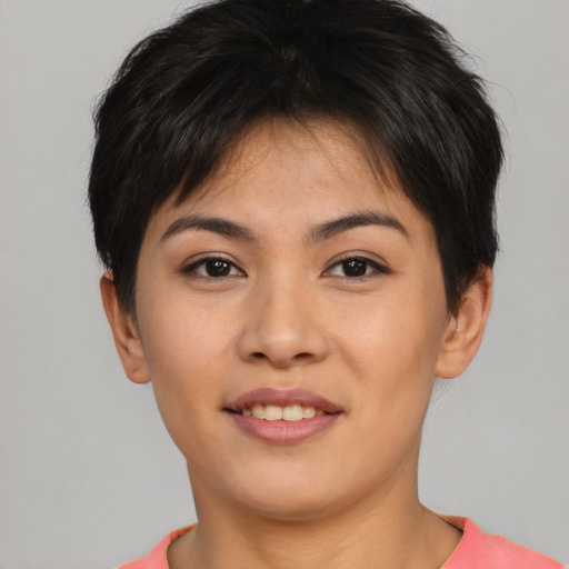 Joyful asian young-adult female with short  brown hair and brown eyes