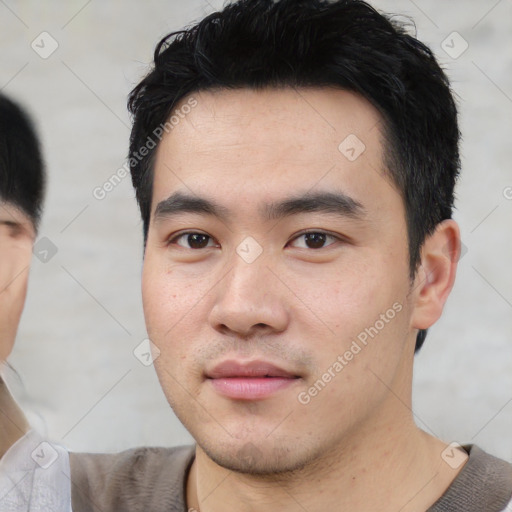 Neutral asian young-adult male with short  black hair and brown eyes