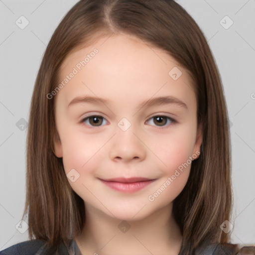 Joyful white child female with medium  brown hair and brown eyes