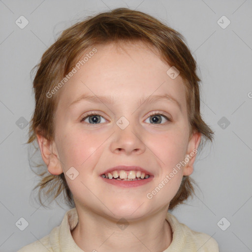 Joyful white child female with medium  brown hair and blue eyes