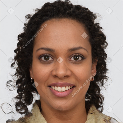 Joyful black young-adult female with medium  brown hair and brown eyes