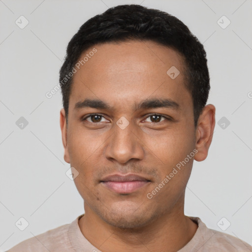 Neutral latino young-adult male with short  black hair and brown eyes