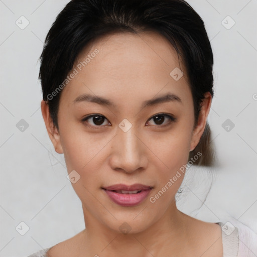 Joyful asian young-adult female with short  brown hair and brown eyes
