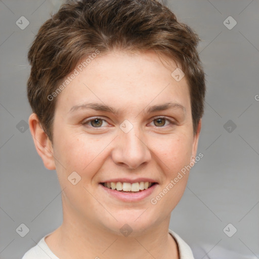 Joyful white young-adult female with short  brown hair and grey eyes