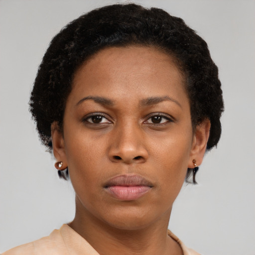 Neutral black young-adult female with short  brown hair and brown eyes