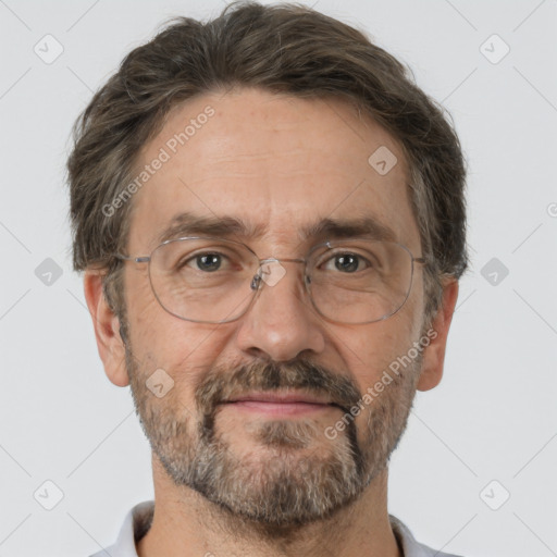 Joyful white middle-aged male with short  brown hair and brown eyes