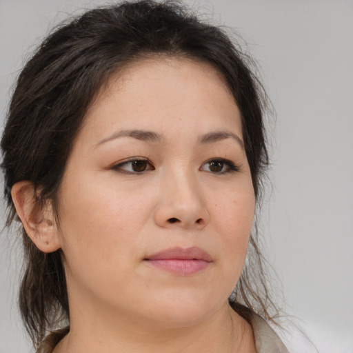 Neutral asian young-adult female with medium  brown hair and brown eyes