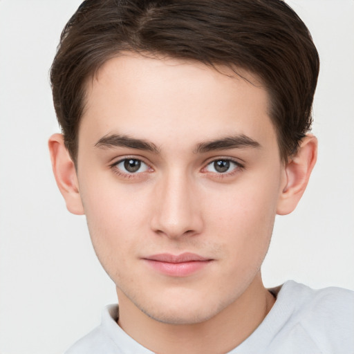 Neutral white young-adult male with short  brown hair and brown eyes