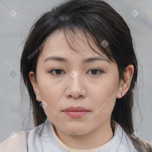 Neutral white young-adult female with medium  brown hair and brown eyes