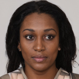 Neutral latino young-adult female with medium  black hair and brown eyes