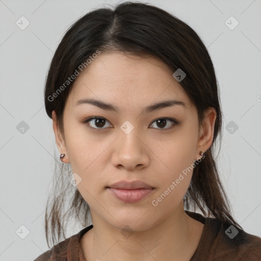 Neutral asian young-adult female with medium  brown hair and brown eyes