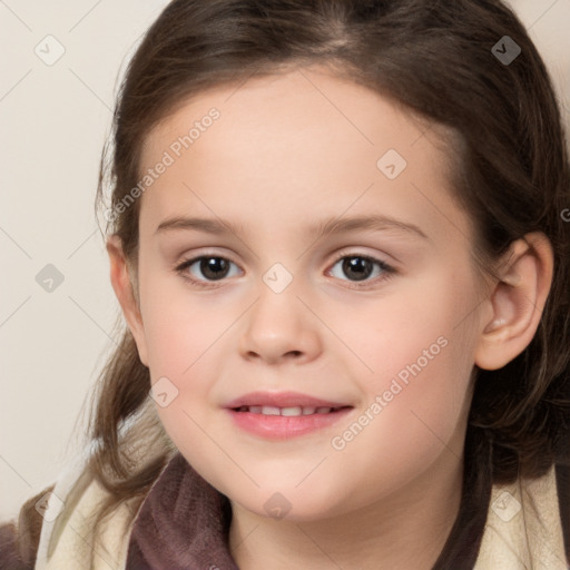 Joyful white child female with medium  brown hair and brown eyes