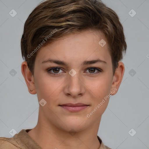 Joyful white young-adult female with short  brown hair and grey eyes