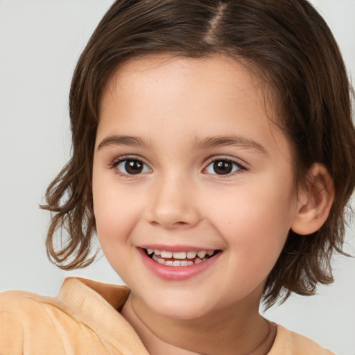 Joyful white child female with medium  brown hair and brown eyes