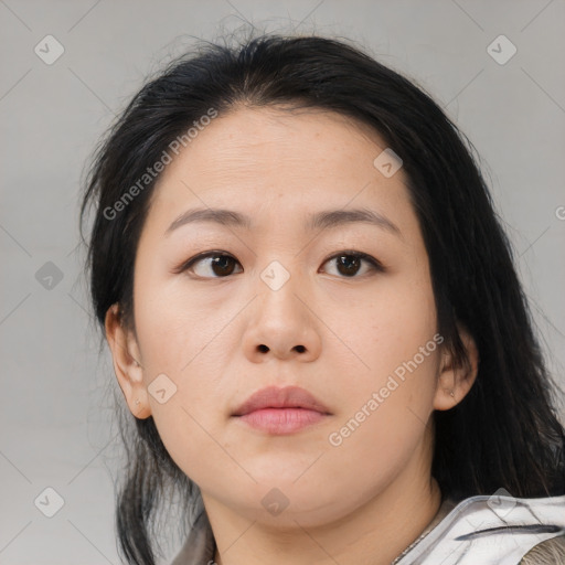 Neutral asian young-adult female with medium  brown hair and brown eyes