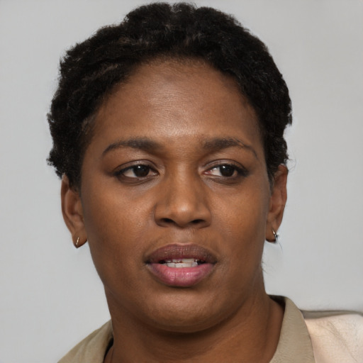 Neutral black young-adult female with short  brown hair and brown eyes