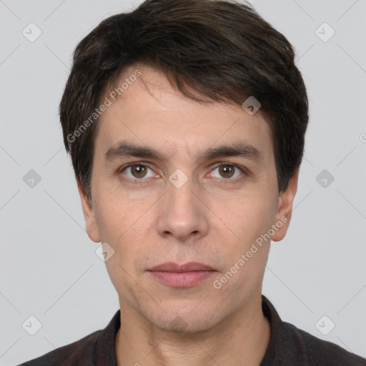 Neutral white young-adult male with short  brown hair and brown eyes