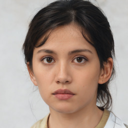 Neutral asian young-adult female with medium  brown hair and brown eyes