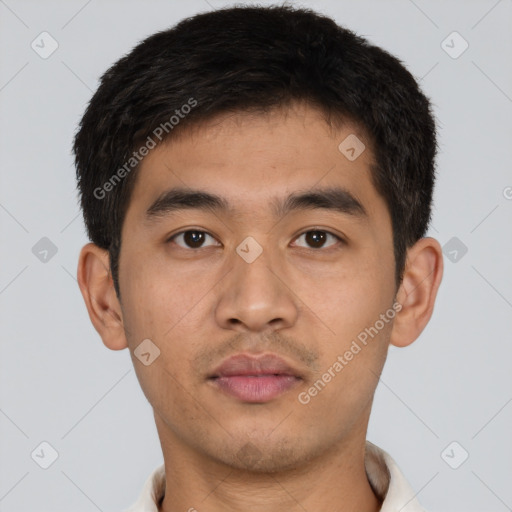 Neutral asian young-adult male with short  brown hair and brown eyes