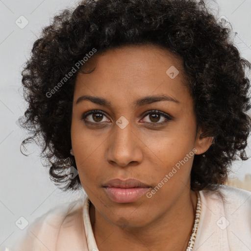 Neutral black young-adult female with medium  brown hair and brown eyes