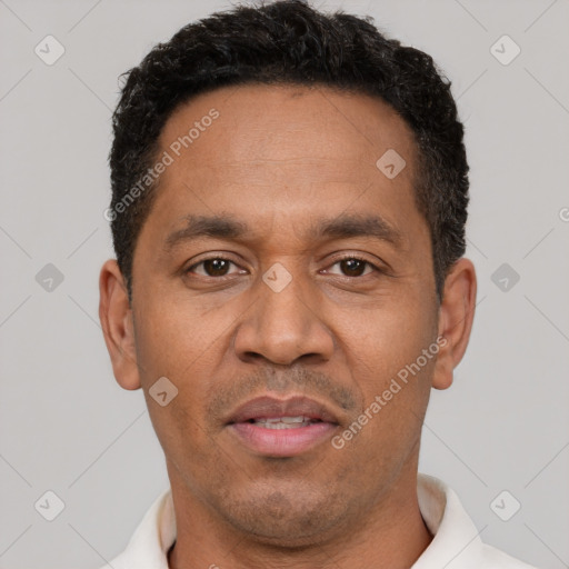 Joyful latino adult male with short  black hair and brown eyes