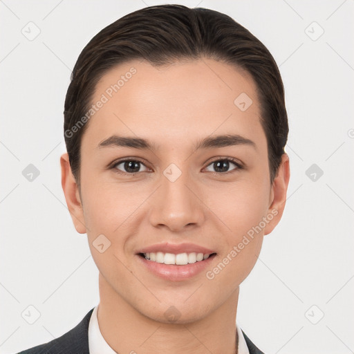 Joyful white young-adult female with short  brown hair and brown eyes