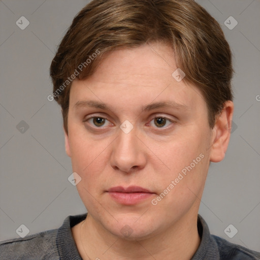 Joyful white young-adult female with short  brown hair and grey eyes