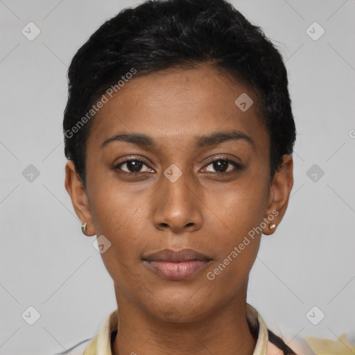 Neutral black young-adult female with short  black hair and brown eyes