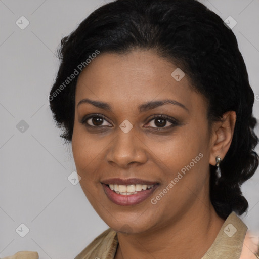 Joyful black young-adult female with medium  brown hair and brown eyes