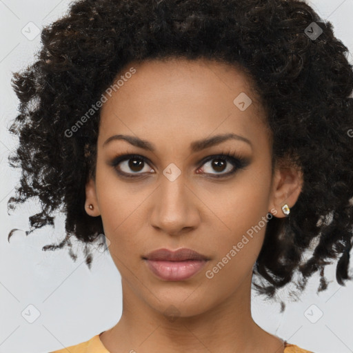 Neutral black young-adult female with medium  brown hair and brown eyes